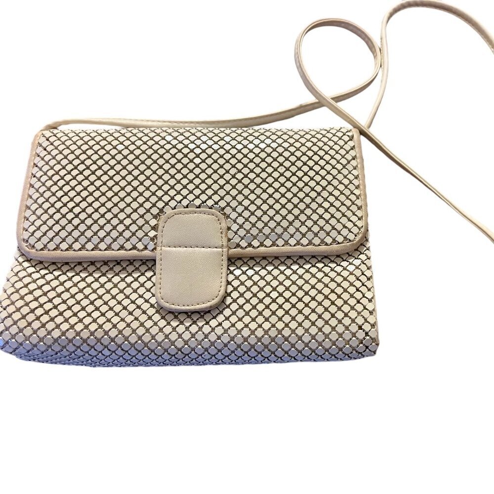 Vintage Whiting & Davis White Alumesh Flap Clutch Purse with Interior Mirror